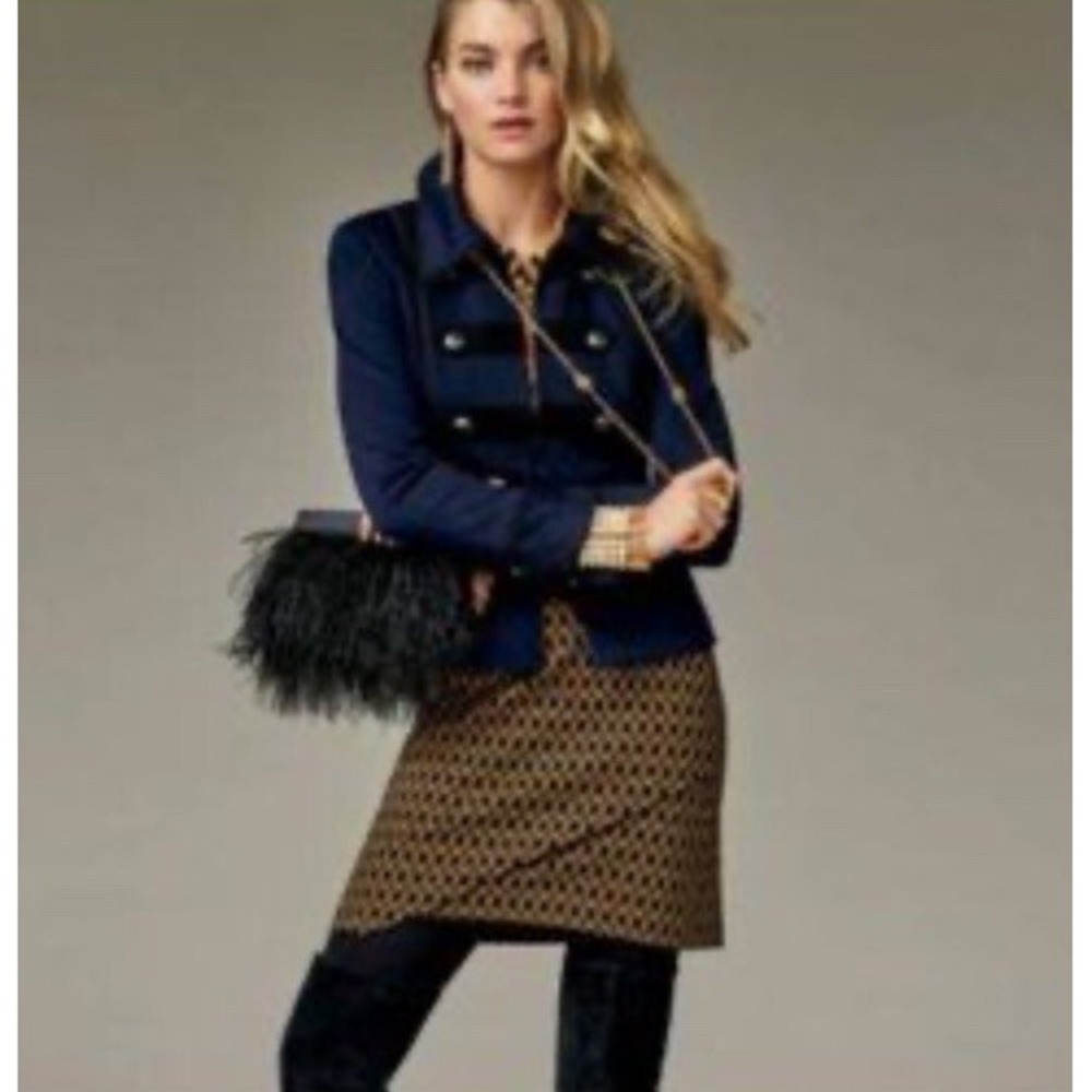 Cabi Womens Standout Kensington Proper Skirt Medium Gold Medallion Knit Mini